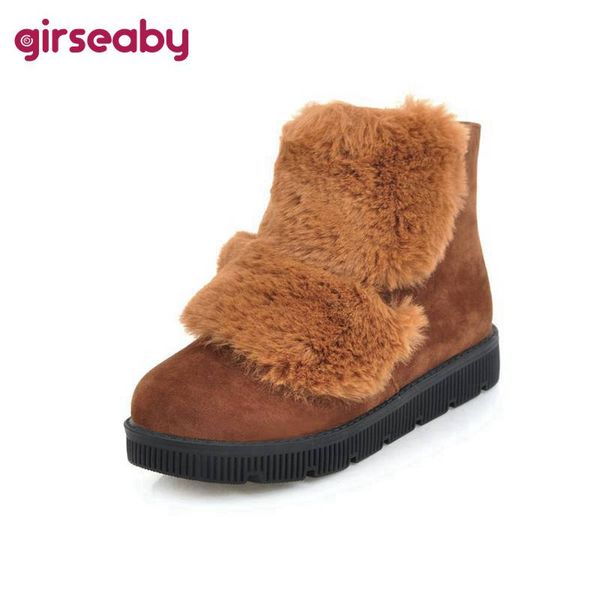 

girseaby women snow winter ankle boots flock fur round toe platform anti slip warm soft worm botas zipper big size 33-43 causal, Black