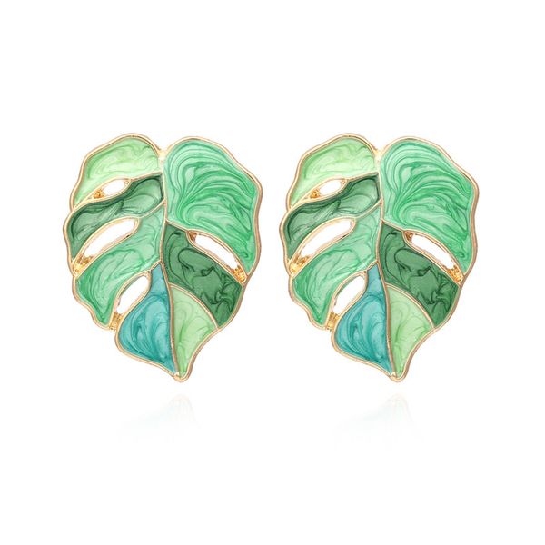 

small fresh drop oil leaf stud earrings green colorful alloy earrings for women girls boho ear stud accessories jewelry gifts, Golden;silver