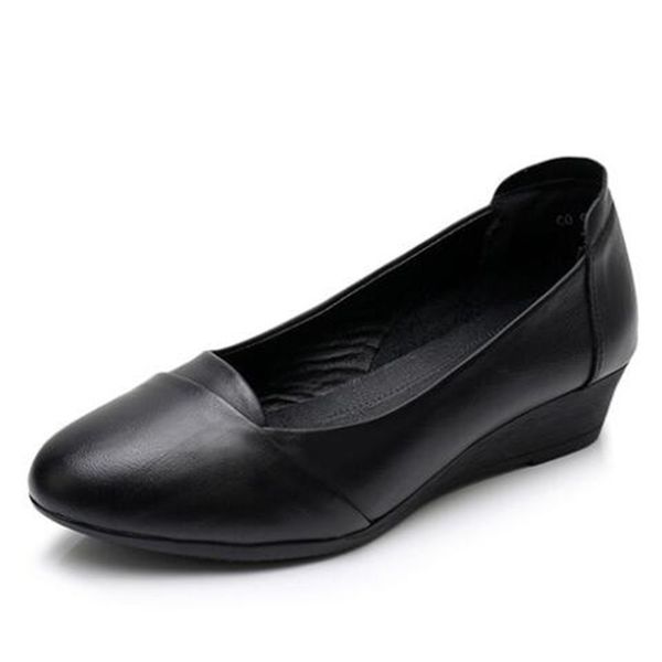 

2020 new spring round head shallow genuine leather shoes comfort wedge shoes black charm women fashion large size 43