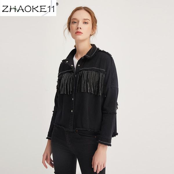 

vintage stylish fringe beaded oversized jacket coat women 2020 fashion long sleeve frayed trim ladies outerwear chaqueta mujer, Black;brown