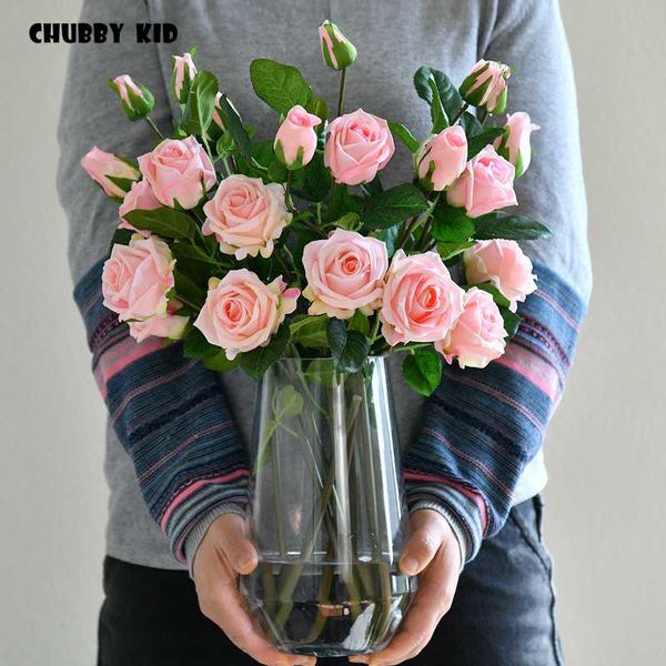 

high simulation real touch 5 heads artificial latex rose flowers wholesale wedding decorative feel moisturizing rose 6pcs/lot
