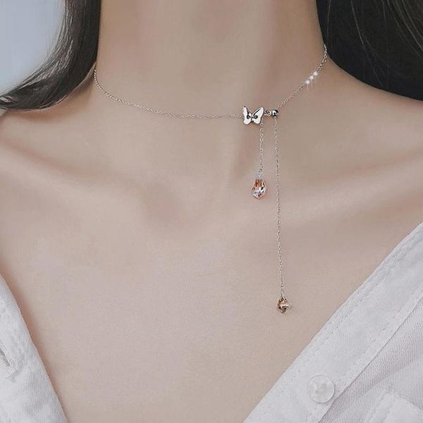 

new fashion sweet butterfly water drop tassel necklace shiny crystal fine jewelry for women romantic engagement accessories gift, Silver