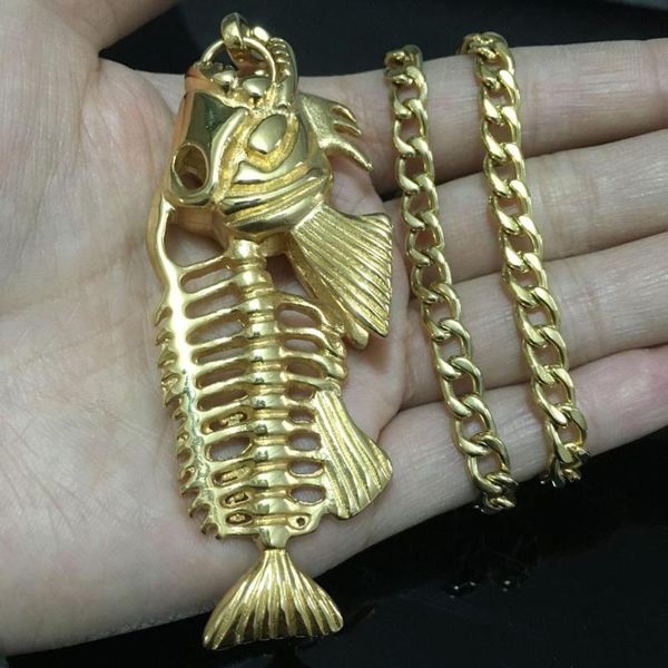 

hip hop chain necklace for men big fishbone statement pendant necklaces gold color stainless steel fishing necklace jewelry, Silver