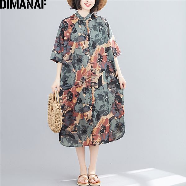 

casual dresses dimanaf plus size women shirt dress summer sundress vintage print elegant lady vestidos loose button cardigan clothing, Black;gray