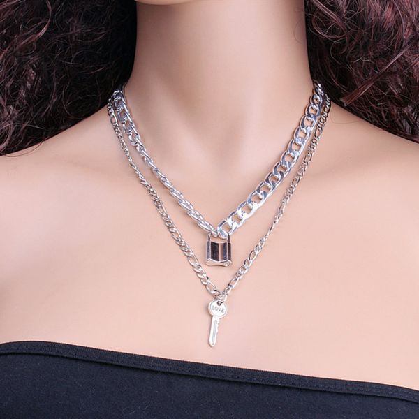 

punk style exaggerated thick chain double-layer hip-hop street racket lock key metal pendant necklace, Silver