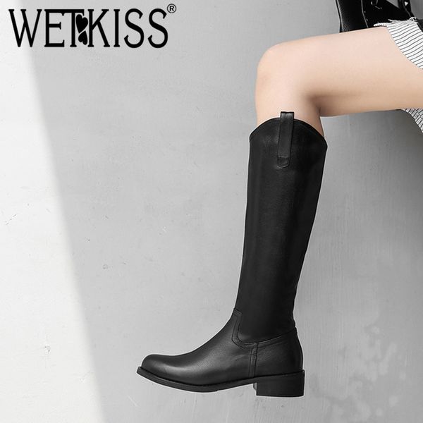 

boots wetkiss winter thick heels women round toe zip footwear cow leather female riding boot knee high shoes woman 2021 black