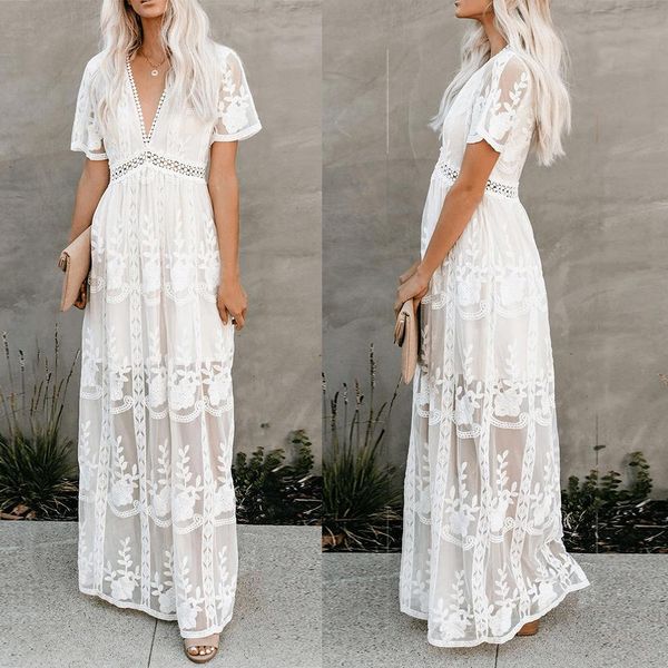 

2021 boho beach wedding dresses simple short sleeves floor length deep v neck lace beaded wedding gown custom made vestido de novia, White