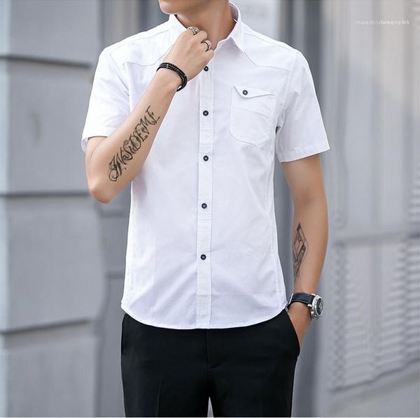 

shirts fashion solid color homme summer mens cargo shirts lapel neck short sleeve slim man casual, White;black