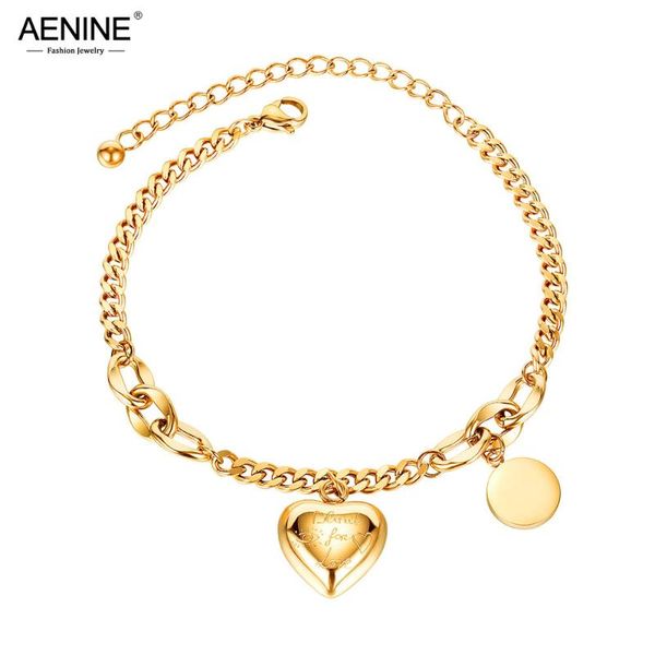 

aenine fashion stainless steel love heart & round tag charm bracelets for women girls bohemia chain bracelet jewelry aogs1066, Golden;silver