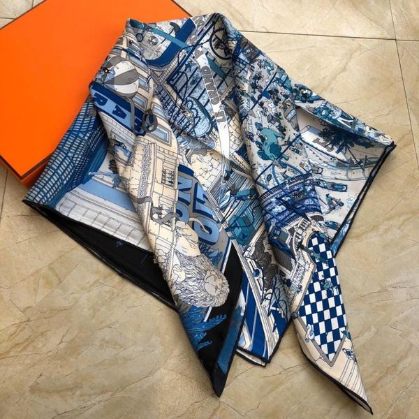 

real silk scarf ladies fashion soft luxury 90 cm 100% twill silk square scarf women 18 momme big shawl printed hijab foulard, Blue;gray