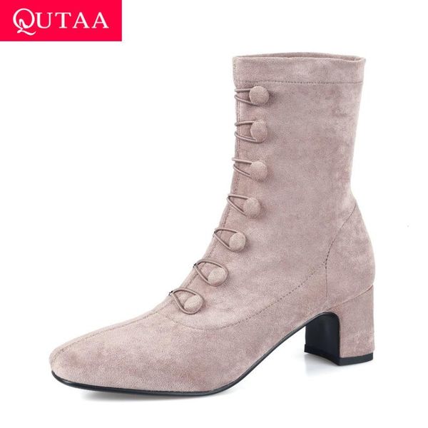 

boots qutaa 2021 square toe flock ankle elastic band high heel women shoes autumn winter all match short size 34-43, Black