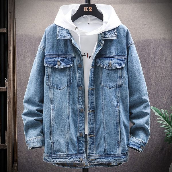 

trendy brand stitching denim for jacket jacketmen 2020 spring new personalized lapel korean style loose denim jacket for men hamdc, Blue
