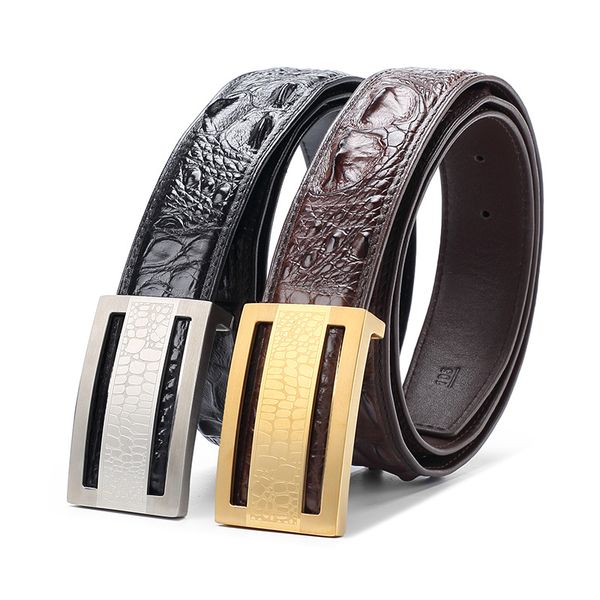 

luxurious2020 thailand leather 3.8 crocodile bone smooth buckle belt men's, Black;brown