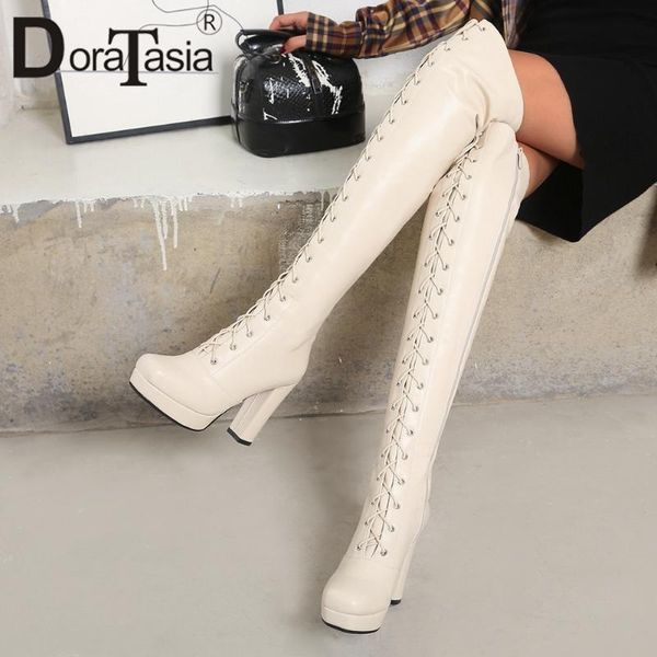 

doratasia plus size 34-48 ladies thigh high boots thick high heels boots women platform cross tied zip over the knee shoes woman, Black