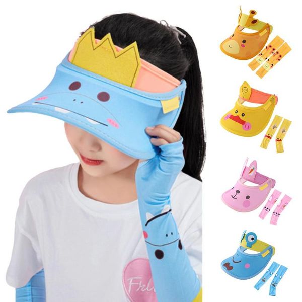 

1/2pcs kids summer cartoon animal cotton anti-uv ess sunhat arm sleeves, Blue;gray