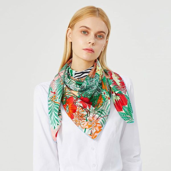 

90cm "zebra in the forest" scarf women bandana handmade curled twill silk square scarf foulard hijab headband, Blue;gray