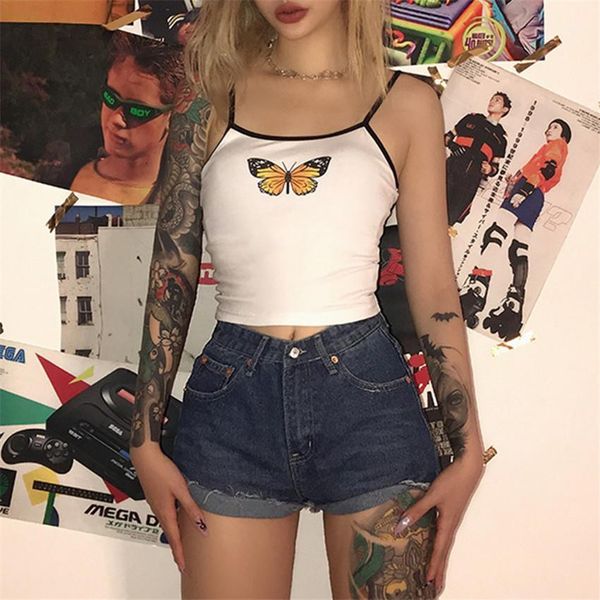 

female summer crop women tanks butterfly sleeveless slim ladies camis casual solid color, White