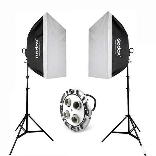 

2x godox tl-4 e27 4 socket studio lighting bulb light holder head kit 60x60cm softbox 2m stand 33 black & silver umbrella