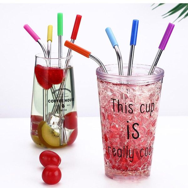 

reusable stainless steel silvery drinking straws curved & straight straw with brush and silicone case colour bag, Silver