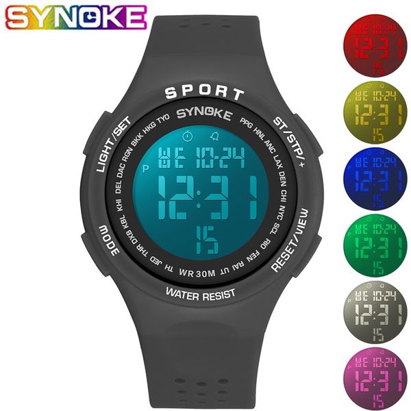 

synoke sports digital watches men life waterproof led ultra-thin large dial porous ventilation strap male electronic watches, Slivery;brown