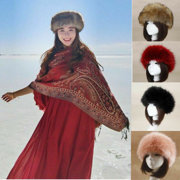 

womens winter russian fluffy faux fur hair band hat beanie fashion warm wide accessory elegant snow ski hats cap, Blue;gray