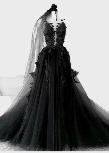 Готические черные свадебные платья линия цветочные кружевные аппликации свадебные платья 2021 старинные бега Boho Beach Puffy Tulle Bride платье плюс размер