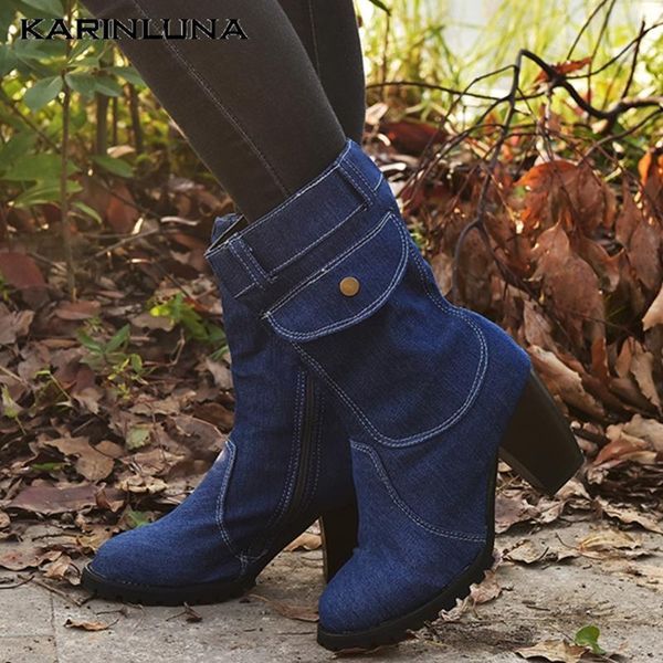 

women's new arrivals plus size 43 high heels winter shoes fashion denim pocket mid-calf boots, Black