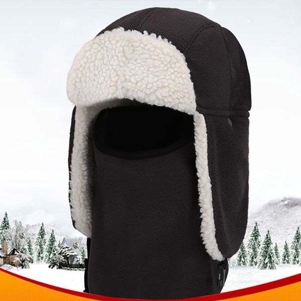 

2020 winter fishingthermal bomber hats men women fashion ear protection face windproof ski cap velvet thicken skiing detachable, Black