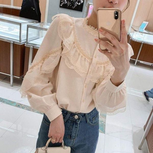 

autumn women lace patchwork blouse korean long sleeve womens and blouses vintage women shirts blusas roupa feminina, White