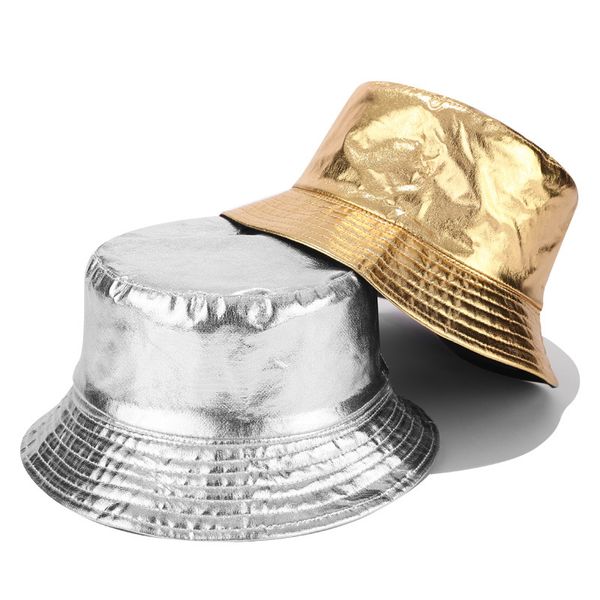 

fashion solid metallic gold silver pu bucket hat for men and women fisherman hat sun prevent hats