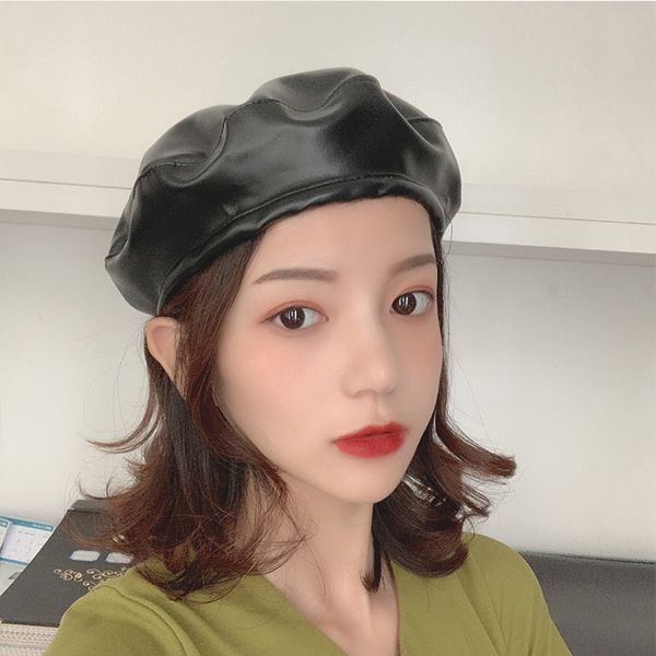 

berets fashion hat lady casual cortex cap solid color sunhat round caps women pu leather beret cool artist beanie hats, Blue;gray
