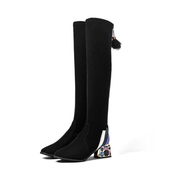 

rimocy high heels over the knee boots women rhinestone thick heel shoes woman autumn winter flock zipper long boots mujer 2020, Black