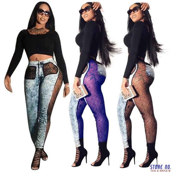 

women lace long jeans high waist denim pants female mesh ripped splice skinny jeans ladies sundress cowboy overalls, Blue