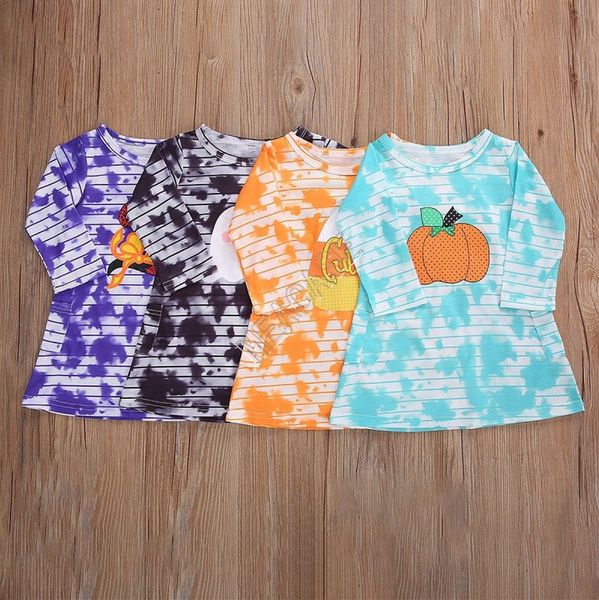 

children girls long sleeve dresses halloween pumkin striped tie dye t shirt one piece dress ins kids halloween party dress clothing d91606, Red;yellow