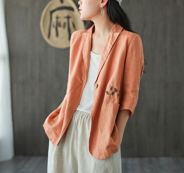 

women jackets retro loose summer autumn coat ramie cardigan single button embroidery pockets casual ladies jaqueta feminina, Black;brown