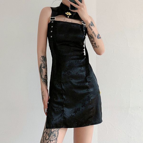 

black hollow out woman cheongsam dress summer street gothic mini split dress fashion club printing skinny tang suit, Black;gray