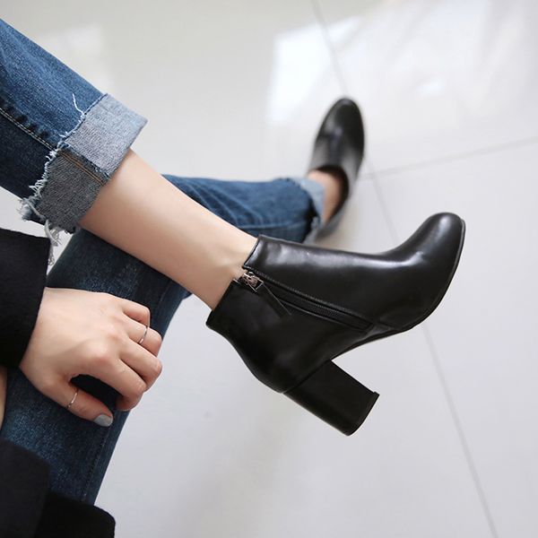 

2020 black round head thick heel high heels ladies ankle boots 4cm/6cm winter square head boots women size 33-42
