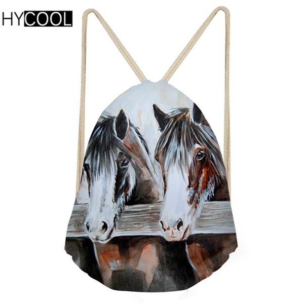 

hycool cool 3d crazy horse print woman man drawstrings bags fashion beach travel sack bags casual softback student backpack 2020