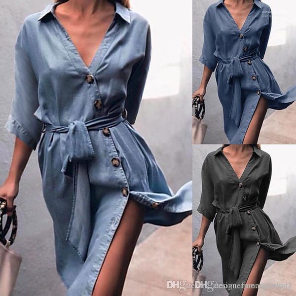 

v-neck dresses fashion clothing casual apparel women summer casual strap-on jeans shirt dress medium sleeve, White;black