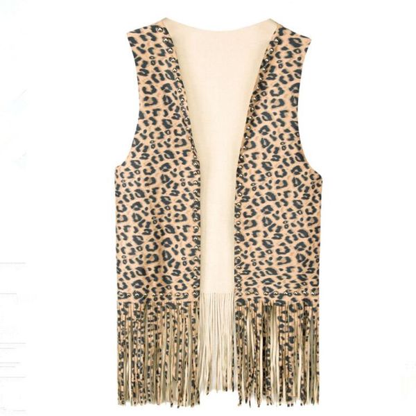 

women's vests sleeveless jacket coat women waistcoat suede rivet leopard tassel boho fashion slim long vest spring autumn outwear gilet, Black;white