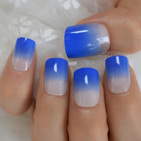 

gradient blue french fake nails squoval square uv gel false press on nails for girl full cover finger daily wear nail art tips, Red;gold