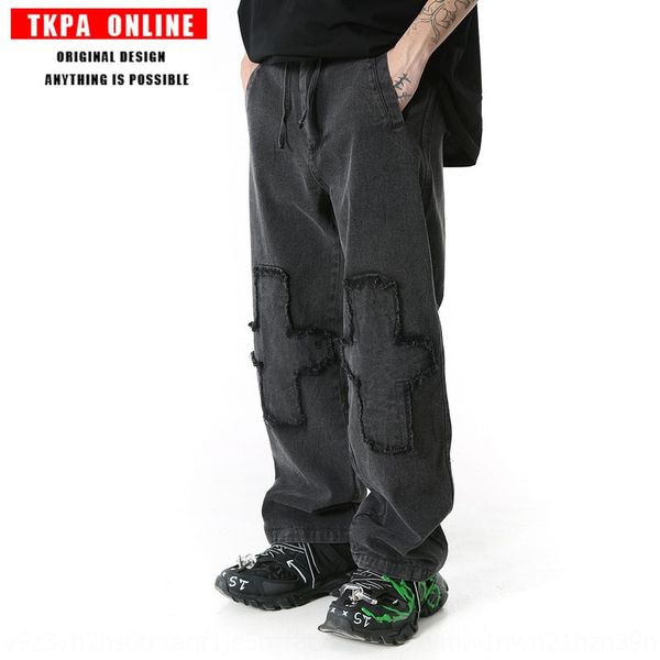 

tkpa национальной моды для мужчин и женщин персонализированных папа брюки джинсы и джинсы сшивание сплошной цвет прямо широкую ногу хип-хоп, Blue