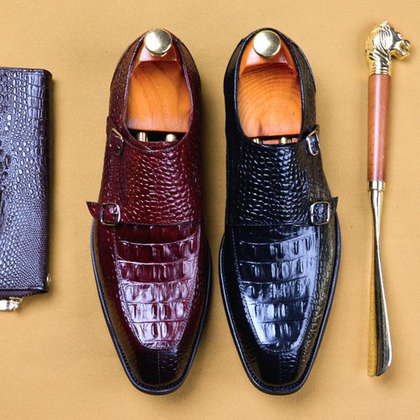 

2020 fashion luxury genuine cow leather shoes formal wedding office mens dress shoes crocodile pattern, Black