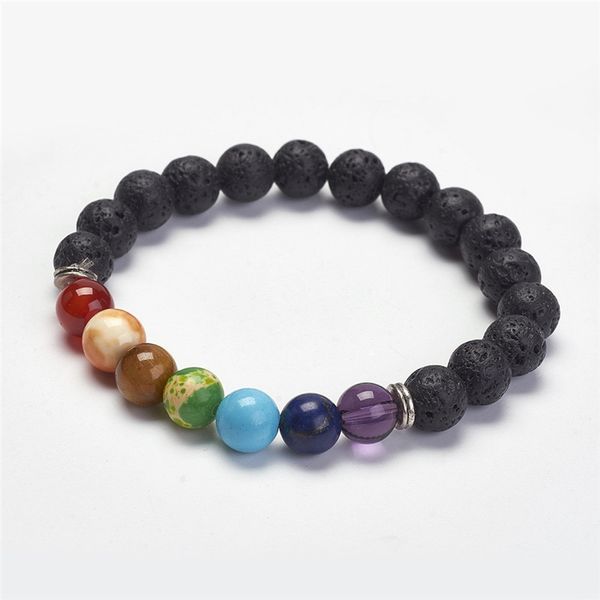 

bangle yoga chakra jewelry natural lava stretch bracelets with crystal and alloy beads round colorful 2-1/8"(55mm), Black
