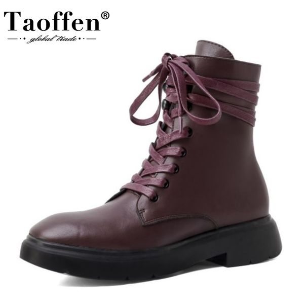 

taoffen real leather women ankle boots flats round toe lace up shoes fashion cross strap warm boots party footwear size 33-40, Black