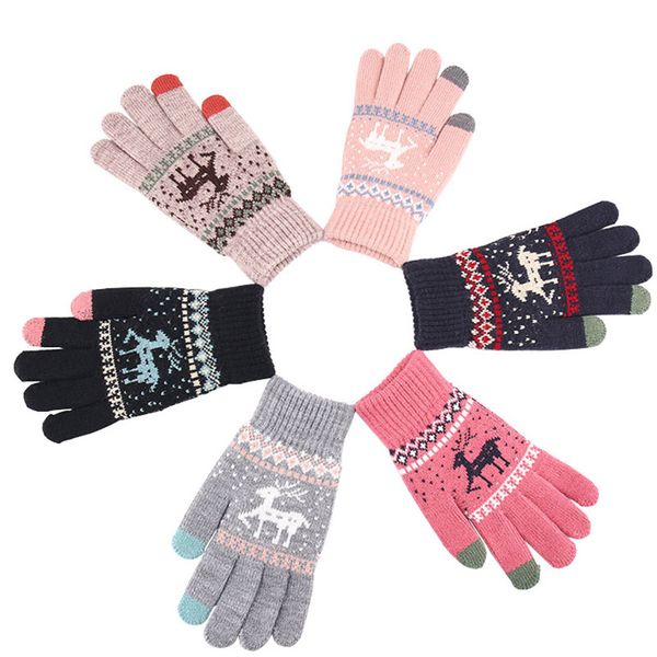 

vintage christmas deer knitted gloves women thicken touch screen gloves winter warm snow elk full finger mittens xmas gift luvas, Blue;gray