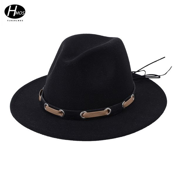 

wide brim hats fjherlmos women's men's wool fedora hat with leather ribbon gentleman jazz winter autumn wide-brimmed panama, Blue;gray