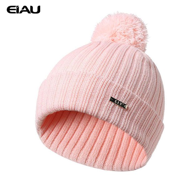 

warm fur pompon ball hats vertical strip caps for women fashion autumn winter hat for girls solid color knitted female beanies, Blue;gray