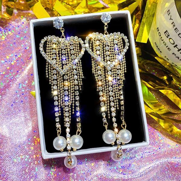 

fyuan luxury long tassel rhinestone earrings for women 2020 bijoux gold heart crystal pearl drop earring wedding party jewelry, Silver