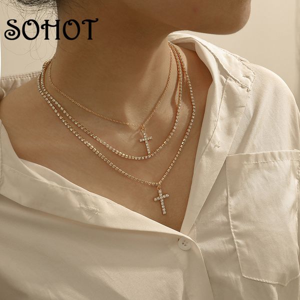 

soeuropean brand popular multilayer imitation crystal chic cross pendant women choker necklace for female party jewelry gift, Golden;silver